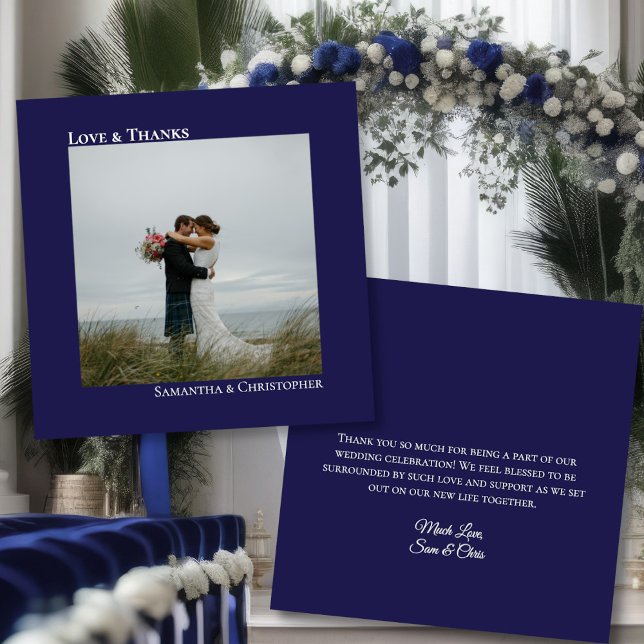 Minimalist Navy Love & Thanks Photo & Note Wedding Thank You Card (Front/Back)