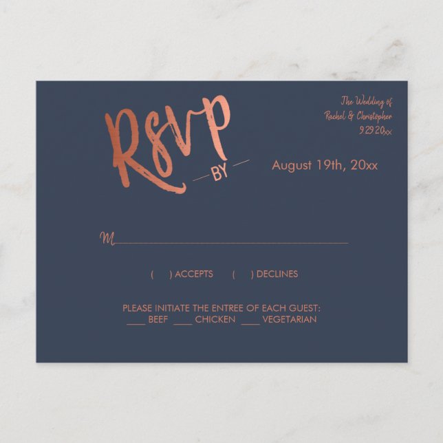 Minimalist Navy Rose Gold Calligraphy Response Postcard (Front)