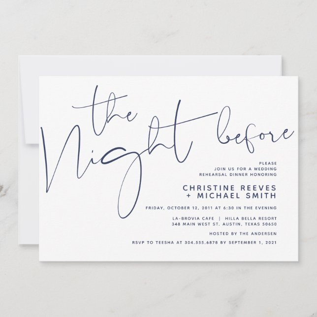 Minimalist Navy Script Wedding Rehearsal Dinner Invitation (Front)
