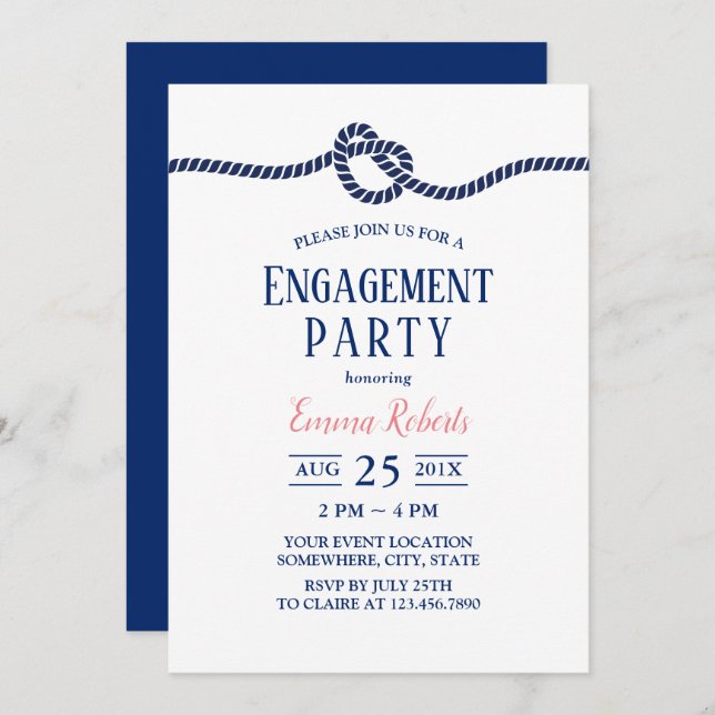 Minimalist Navy Tying the Knot Nautical Engagement Invitation (Front/Back)