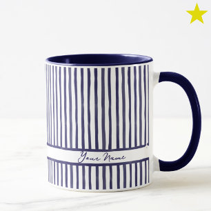 Minimalist Navy Watercolor Stripes Custom Name Mug