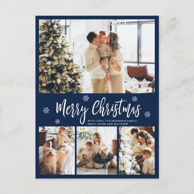 Minimalist Navy White 4 Photo Collage Christmas Postcard (Front)