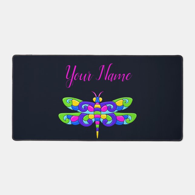 Minimalist Neon Dragonfly Bold Vibrant Desk Mat (Front)