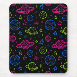 Minimalist Neon Space & Planets Night Sky Pattern Mouse Pad