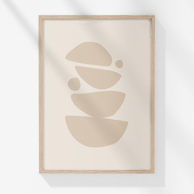 Minimalist Neutral Abstract Shapes Wall Art Poster (Boho Modern Muted Beige Neutral Bowls Abstract Art Poster in a neutral wooden frame on a sunny wall.)