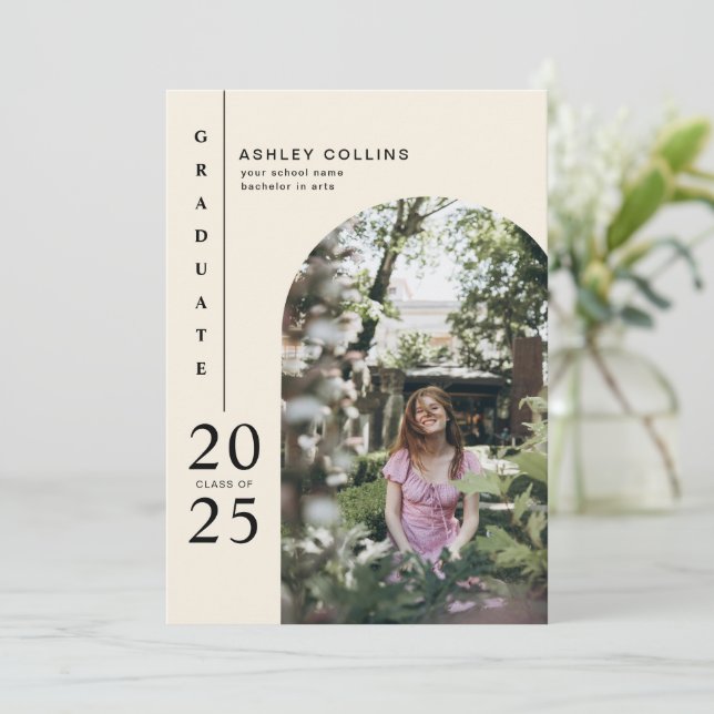 Minimalist Neutral Arch Photo Graduation Party Invitation (Standing Front)