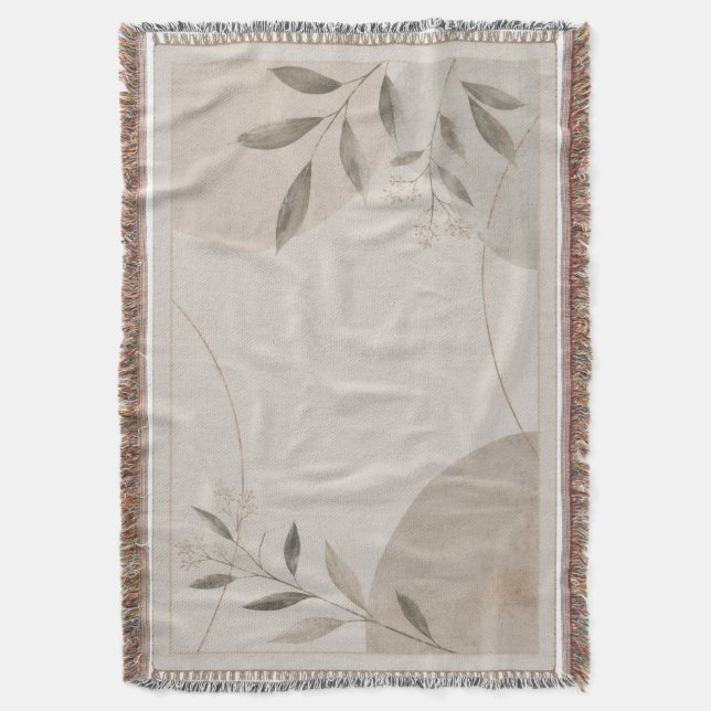 Minimalist Neutral Botanical Woven Throw Blanket | (Front Vertical)
