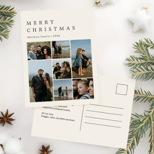 Minimalist Neutral Christmas Family Photo Collage Holiday Postcard