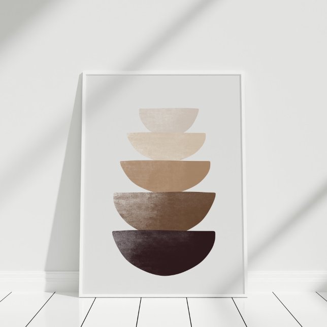 Minimalist Neutral Stacked Bowls Wall Art Print (Neutral Abstract Bowls Wall Art in white frame against white wall.)