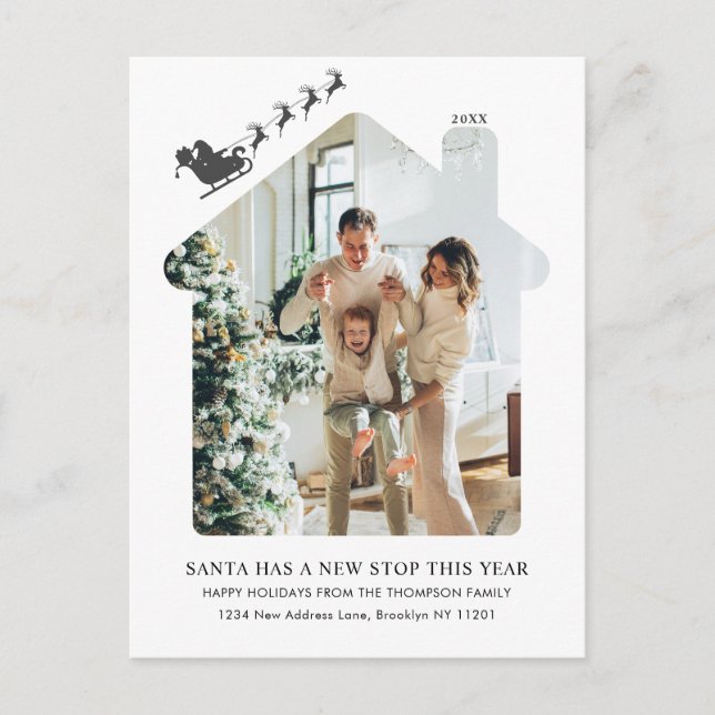 Minimalist New Home Photo Santa Sleigh Moving Holiday Postcard (Front)