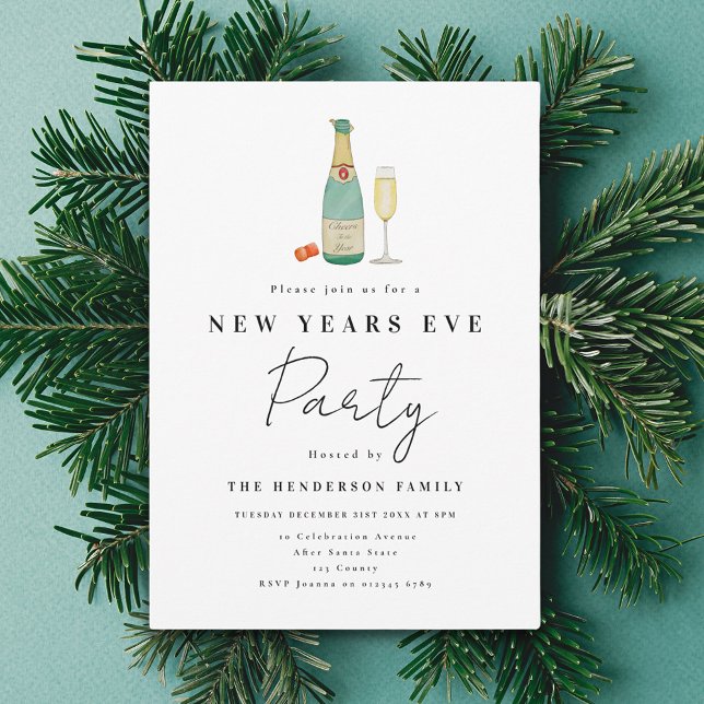 Minimalist New Year’s Eve Party Invitation (Minimalist watercolor New Year’s Eve party invitation)