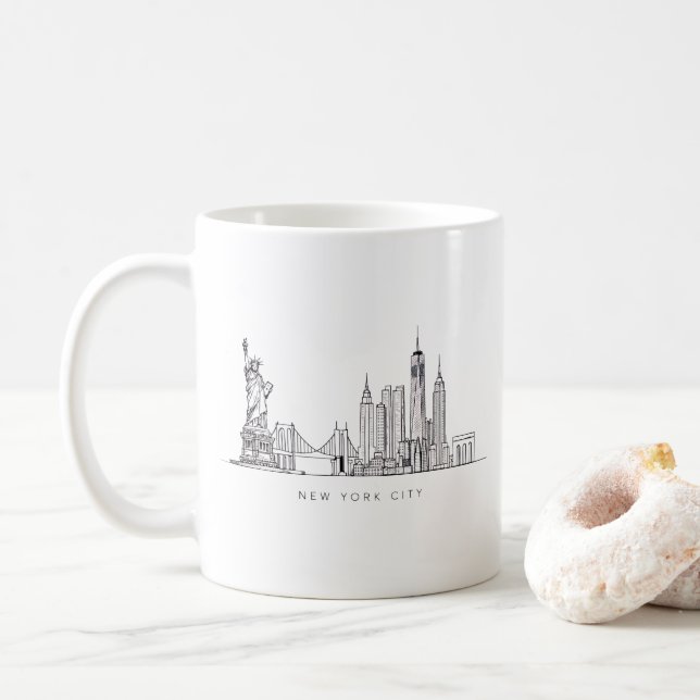 Minimalist New York City Skyline Line Art Coffee Mug (With Donut)