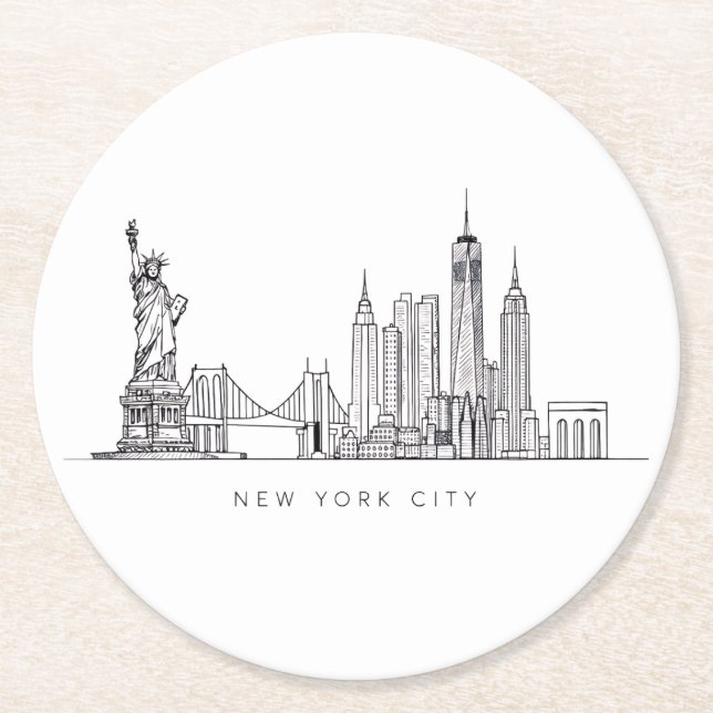 Minimalist New York City Skyline Line Art Round Paper Coaster (Front)