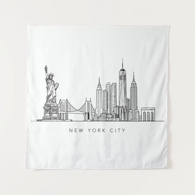 Minimalist New York City Skyline Line Art Tapestry (Front)
