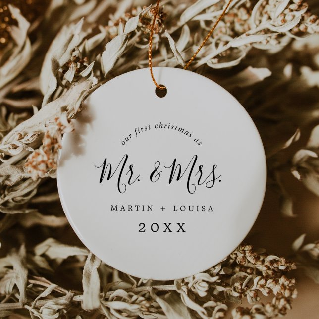 Minimalist Newlywed First Christmas Wedding Photo Ceramic Ornament (Creator Uploaded)