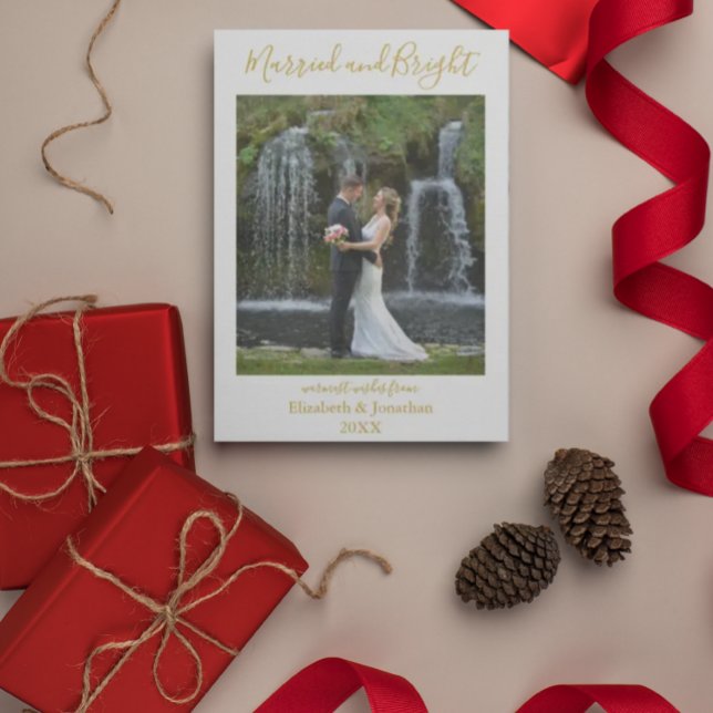 Minimalist Newlywed Photo Married & Bright Holiday Card (Creator Uploaded)