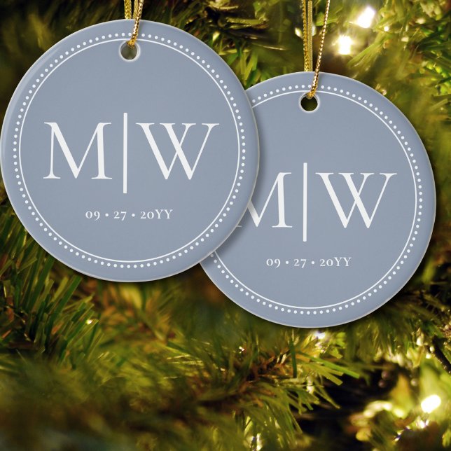 Minimalist Newlyweds Monogram Dusty Blue Holiday Ceramic Ornament (Creator Uploaded)