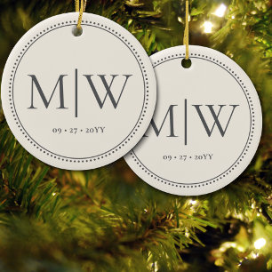 Minimalist Newlyweds Monogram Ecru Holiday Ceramic Ornament