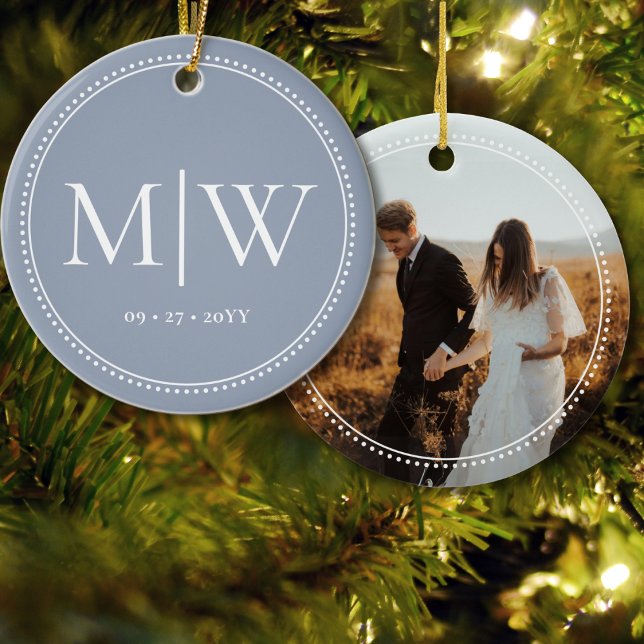 Minimalist Newlyweds Monogram Photo Blue Holiday Ceramic Ornament (Creator Uploaded)