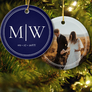 Minimalist Newlyweds Monogram Photo Blue Holiday Ceramic Ornament