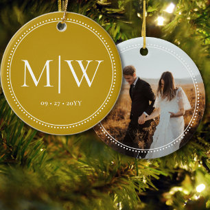 Minimalist Newlyweds Monogram Photo Gold Holiday Ceramic Ornament