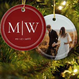 Minimalist Newlyweds Monogram Photo Red Holiday Ceramic Ornament