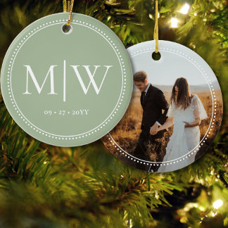 Minimalist Newlyweds Monogram Photo Sage Holiday Ceramic Ornament
