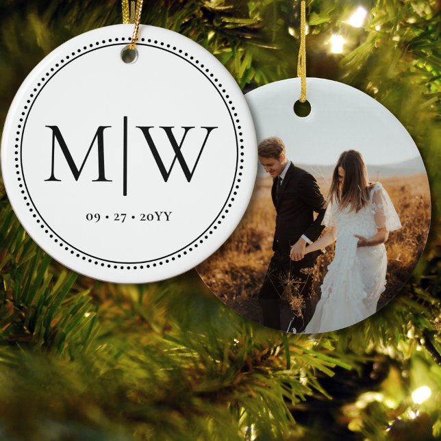Minimalist Newlyweds Monogram Photo White Holiday Ceramic Ornament (Creator Uploaded)