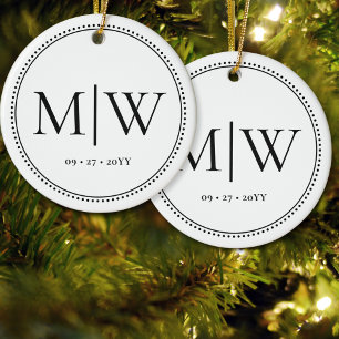 Minimalist Newlyweds Monogram White Holiday Ceramic Ornament