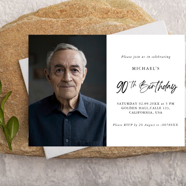 Minimalist Ninety Black White 90th Photo Birthday Invitation (Creator Uploaded)