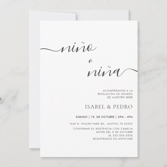 Minimalist Nino o Nina Spanish Gender Reveal Invitation (Front)