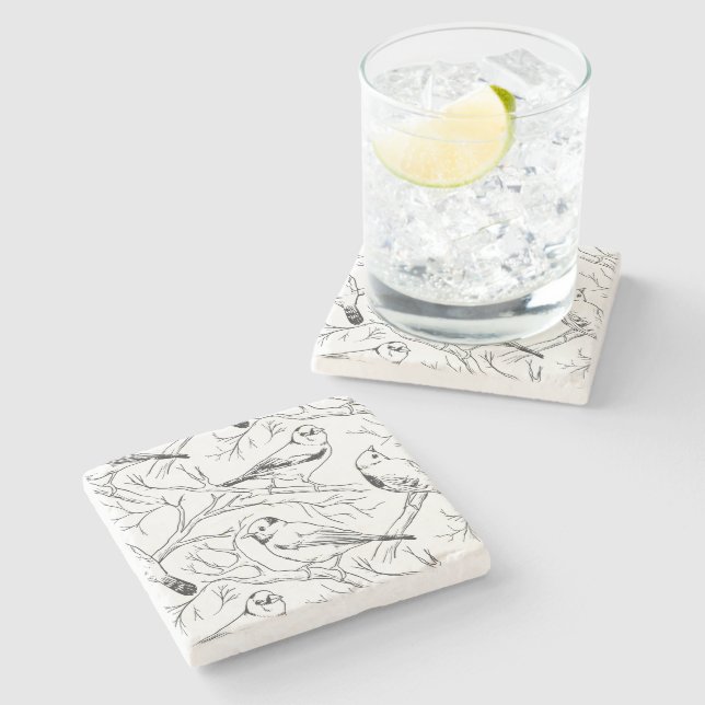 Minimalist North American Birds Line Art Pattern Stone Coaster (Side)