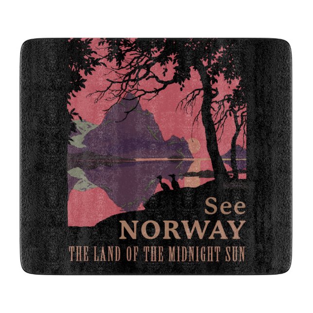 Minimalist Norway Sunset Poster - Mountain Fjord Cutting Board (Front)