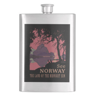 Minimalist Norway Sunset Poster - Mountain Fjord Hip Flask