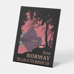 Minimalist Norway Sunset Poster - Mountain Fjord Pedestal Sign