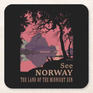 Minimalist Norway Sunset Poster - Mountain Fjord Square Paper Coaster