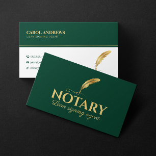Minimalist Notary Loan Signing Agent Green Gold Business Card