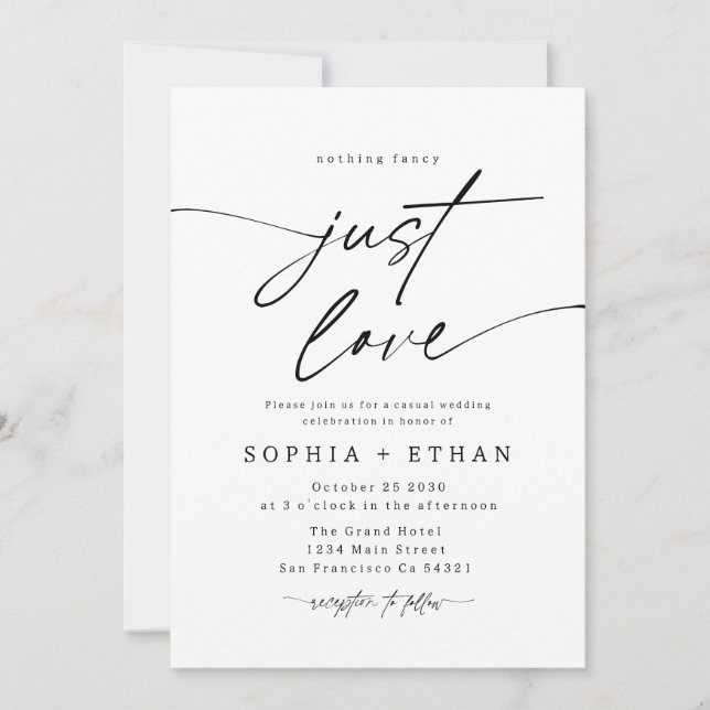 Minimalist Nothing Fancy Just Love Elegant Script Invitation (Front)