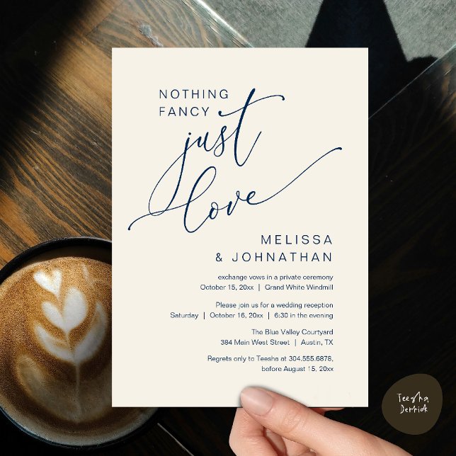 Minimalist Nothing Fancy Just Love Wedding Dinner Invitation (Minimalist Nothing Fancy Just Love Wedding Dinner Invitation Card in Chic Navy Blue Ivory)