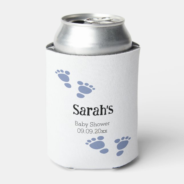 Minimalist Nursery Blue Footprint Baby Shower  Can Cooler (Can Front)