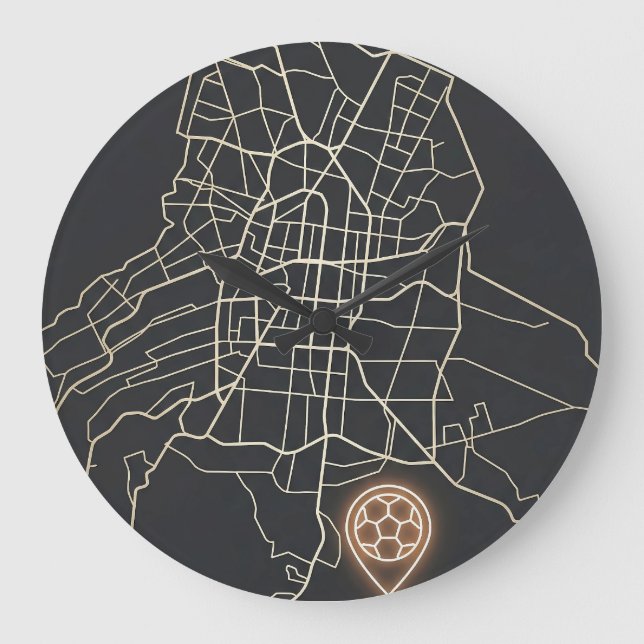 Minimalist NYC Soccer Map Pin Line Art Large Clock (Front)