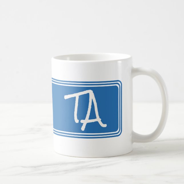 Minimalist Ocean Blue with White Monogram Coffee Mug (Right)