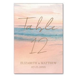 Minimalist Ocean Sunset Beach Wedding Table Number