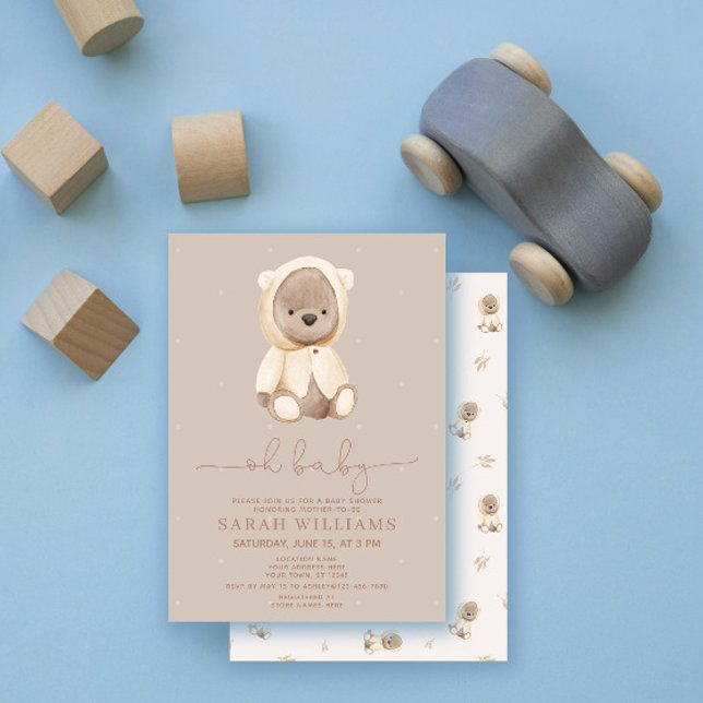 Minimalist Oh Baby Brown Bear Baby Shower Invitation (Creator Uploaded)