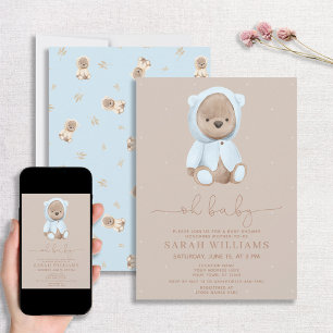Minimalist Oh Baby Dusty Blue Bear Baby Shower Invitation