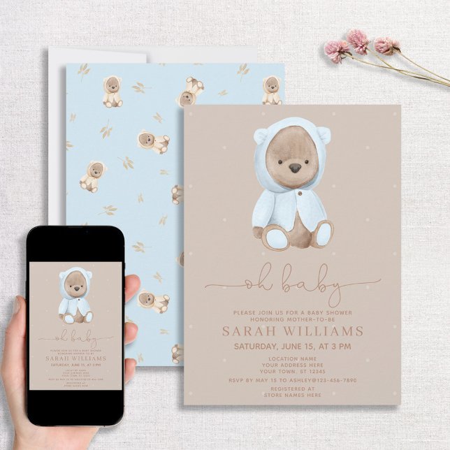 Minimalist Oh Baby Dusty Blue Bear Baby Shower Invitation (Creator Uploaded)