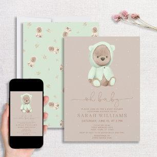 Minimalist Oh Baby Sage Green Bear Baby Shower Invitation