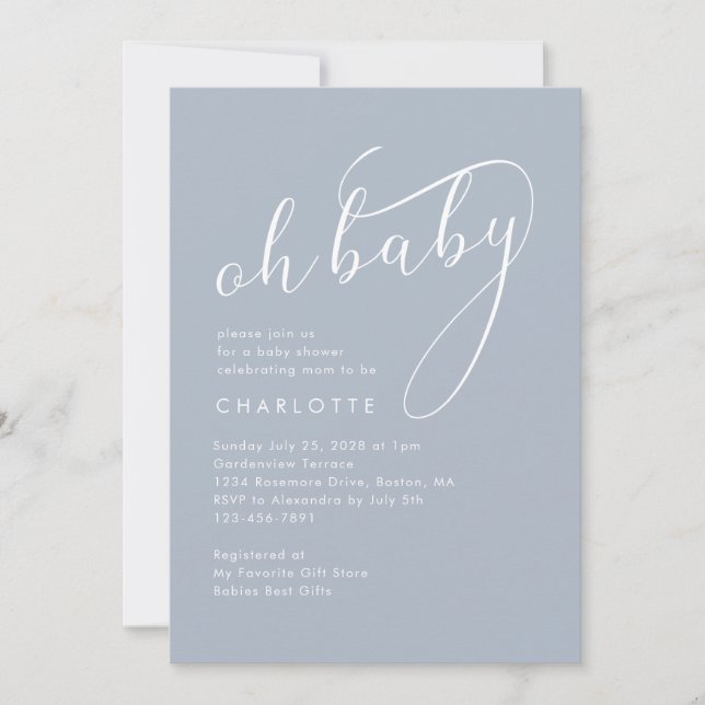 Minimalist Oh Baby Script Blue Baby Shower Invitation (Front)