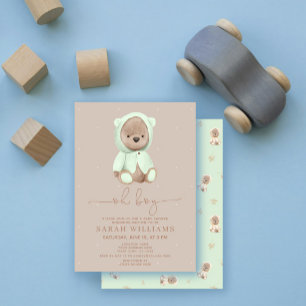 Minimalist Oh Boy Sage Green Bear Baby Shower Invitation