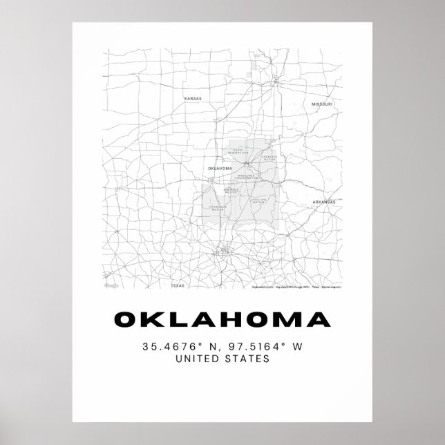 Minimalist Oklahoma Map Art - Black and White Poster (Front)